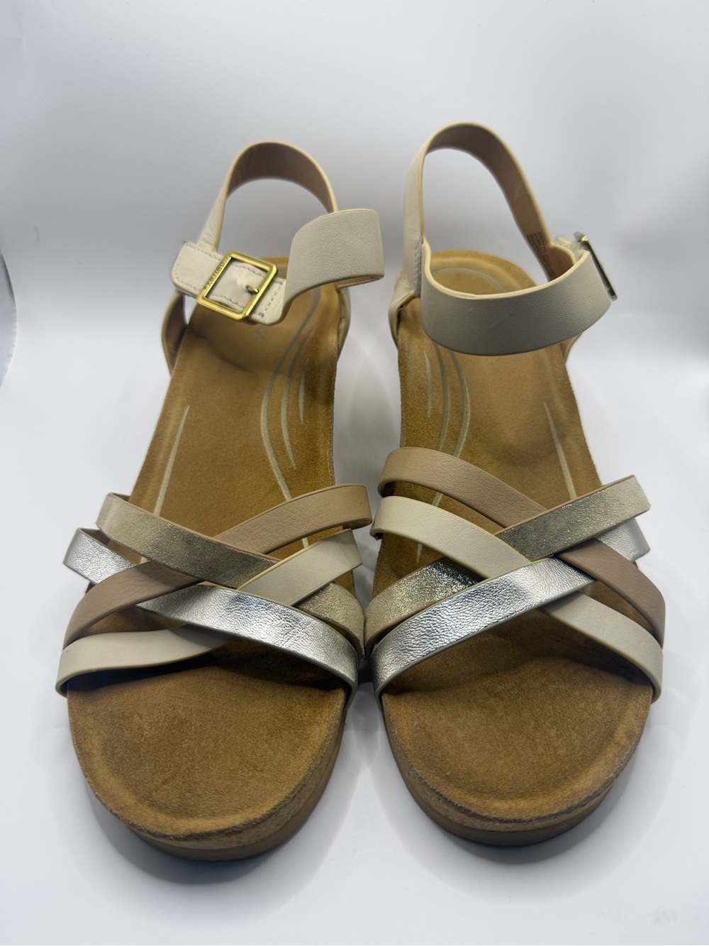 Aetrex Metallic Silver and Neutral Strappy Comfort Sandals